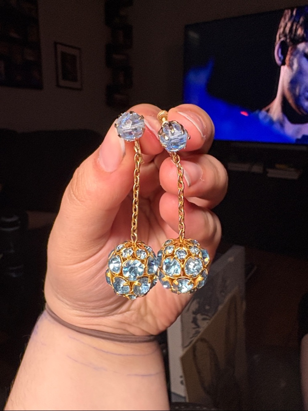 Gold Drop Earrings with Light Blue Crystals